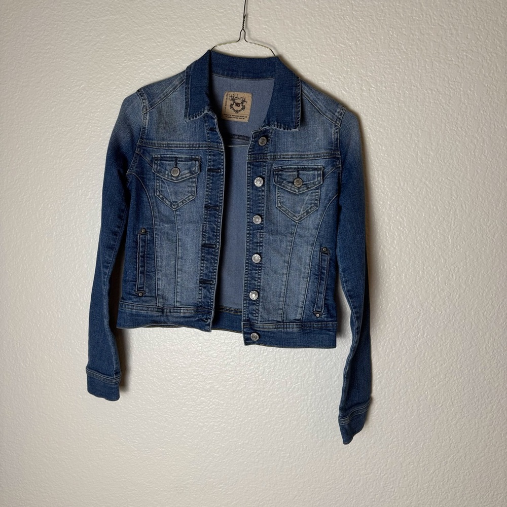 Wax Jeans Distressed Denim Jacket Womens Sz Small button down Long Sleeve